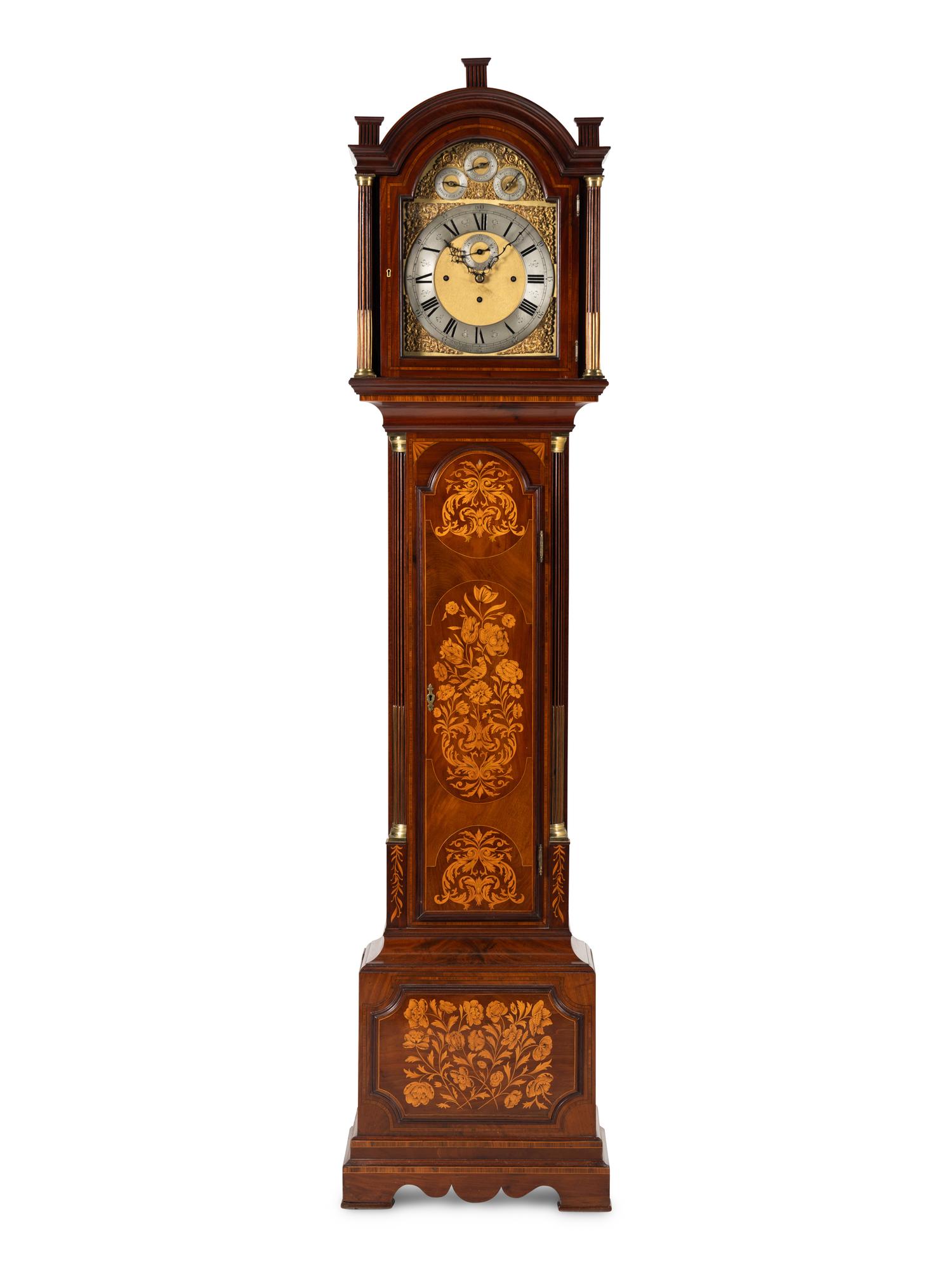 An Edwardian Mahogany and Marquetry Tall Case Clock