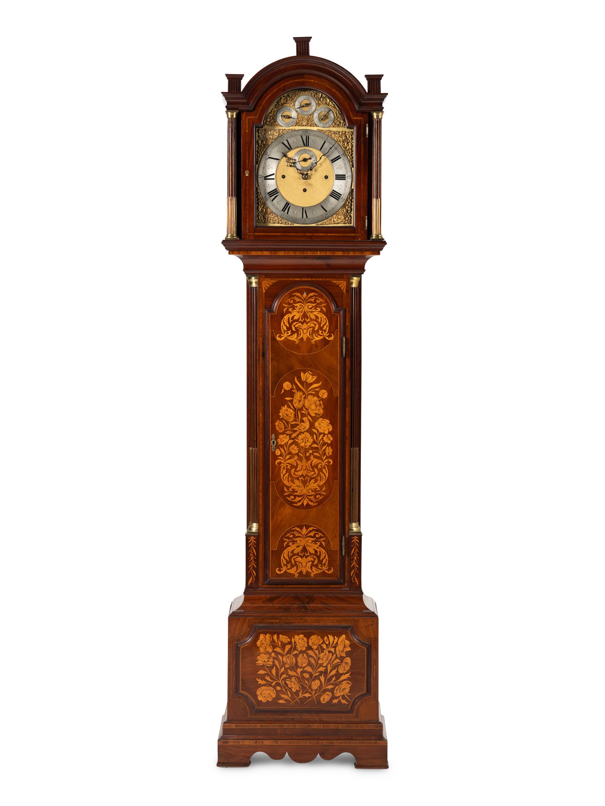 An Edwardian Mahogany and Marquetry Tall Case Clock