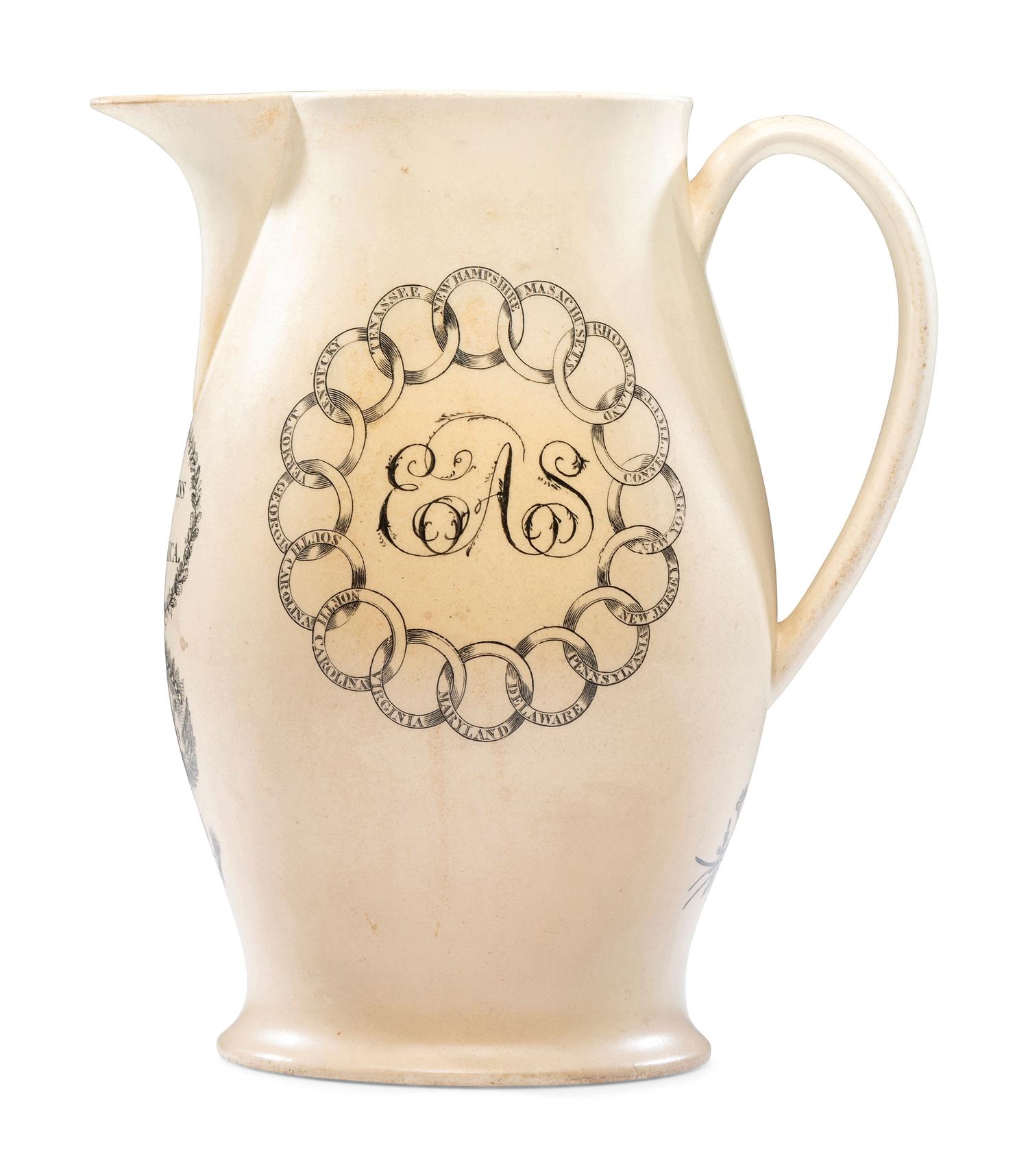 A Rare Liverpool Transfer-Printed Creamware 'John Adams' Pitcher