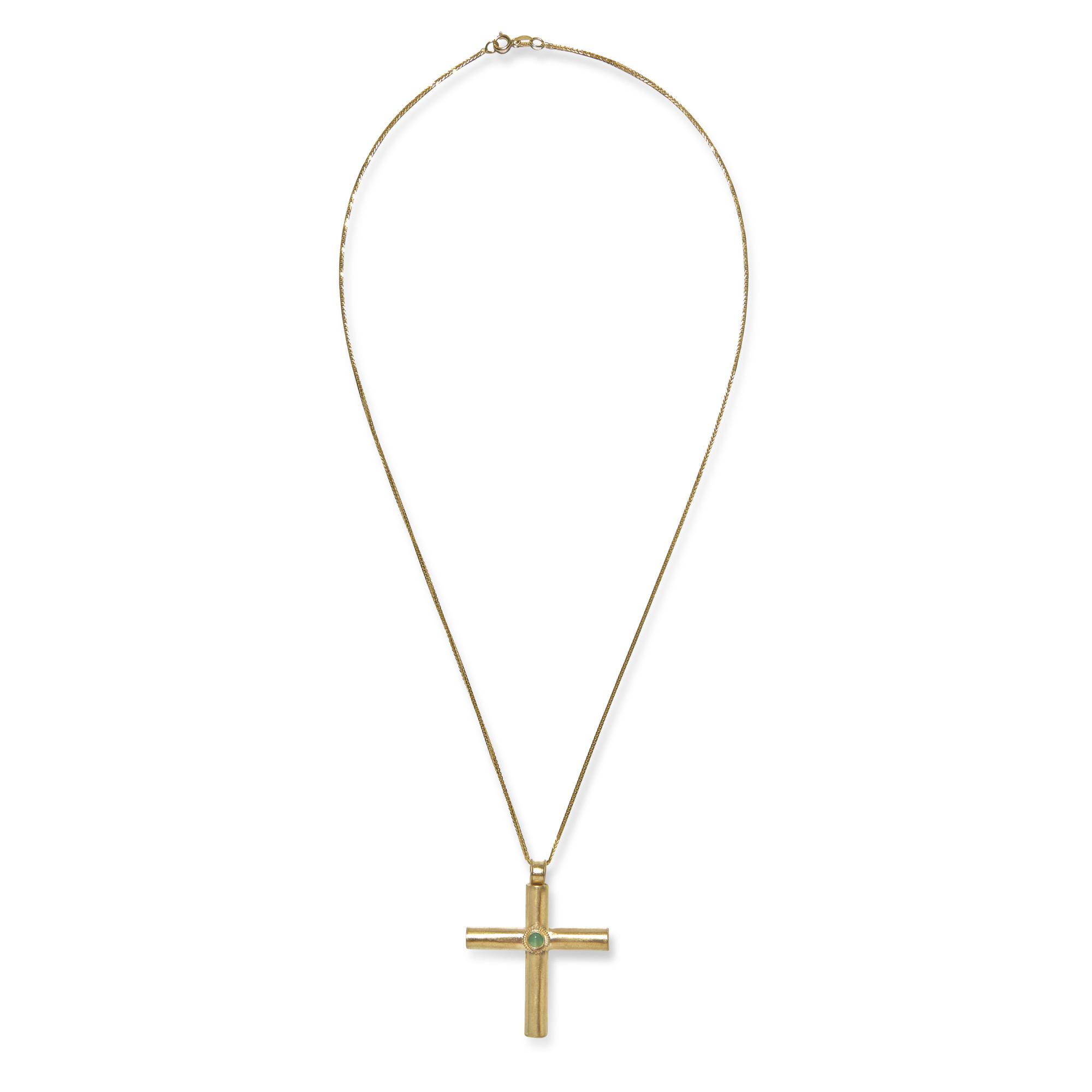 A Byzantine-Style Gold and Glass Cross Pendant — with a gold chain
