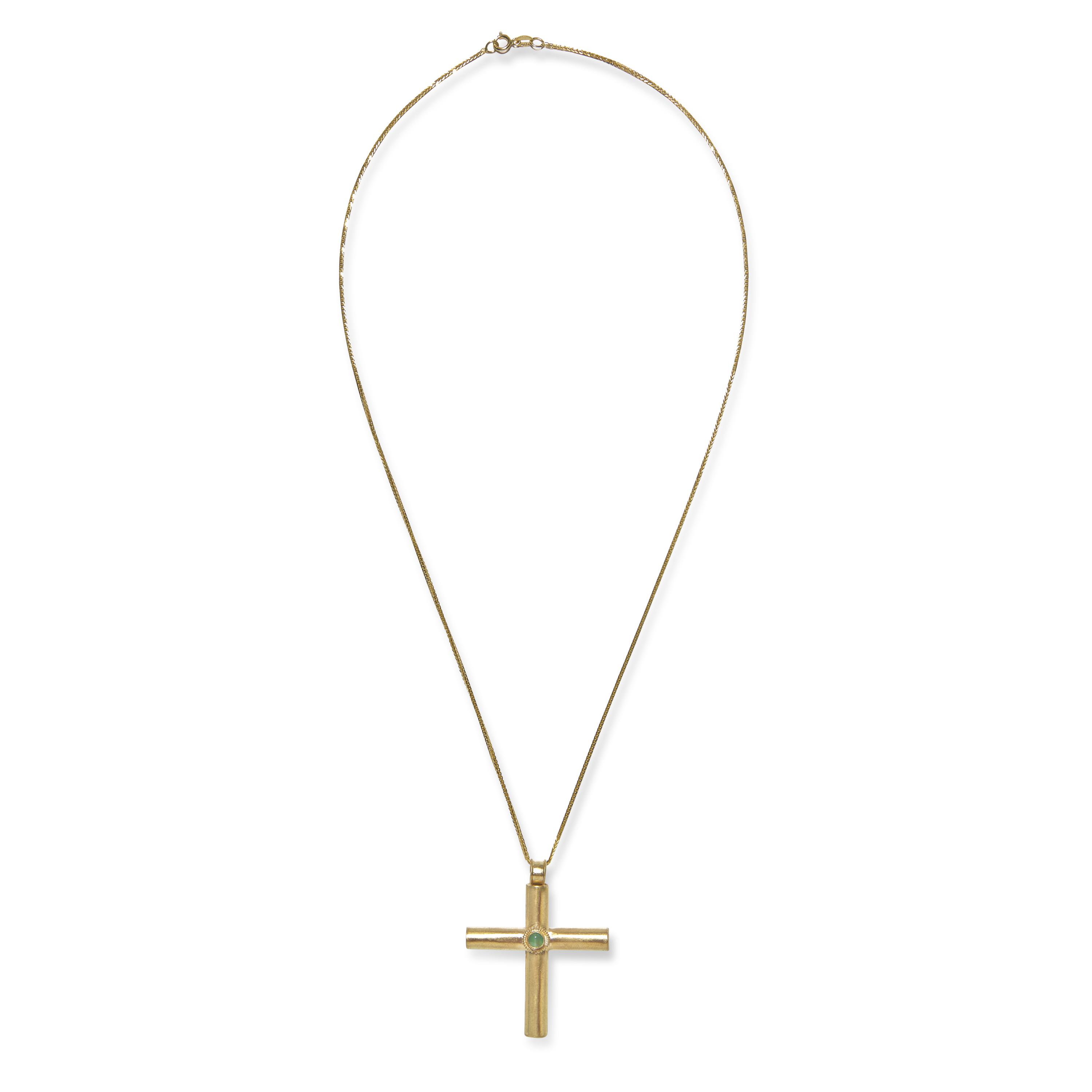 A Byzantine-Style Gold and Glass Cross Pendant — with a gold chain