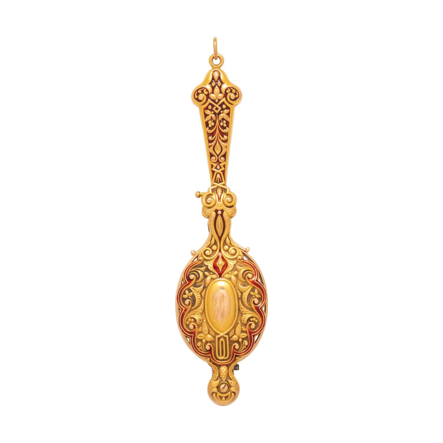 ANTIQUE, YELLOW GOLD, RED ENAMEL AND DIAMOND LORGNETTE