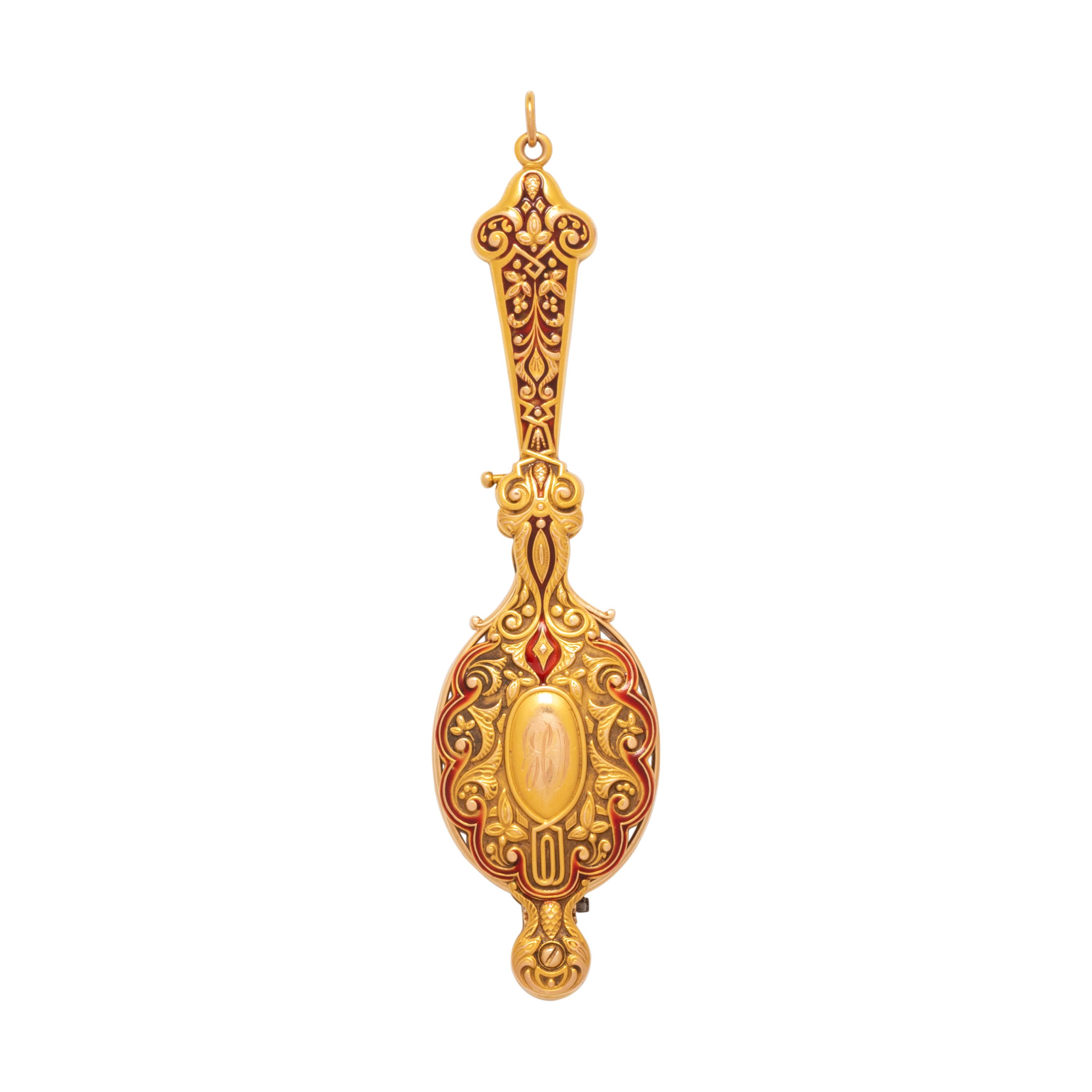 ANTIQUE, YELLOW GOLD, RED ENAMEL AND DIAMOND LORGNETTE