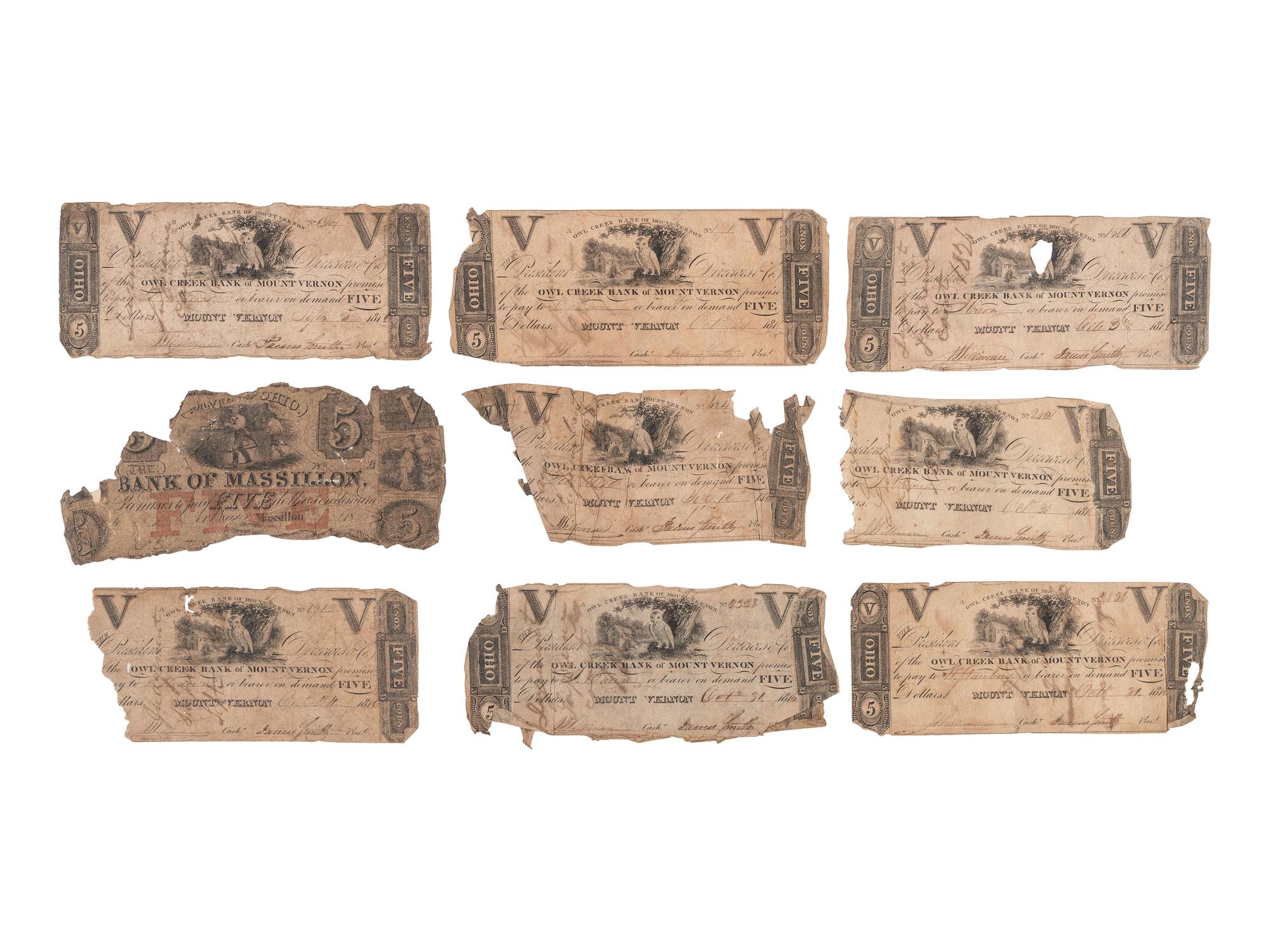 [CURRENCY]. More than 100 notes from the Owl Creek Bank of Mount Vernon, Ohio. Ca 1816-1818.