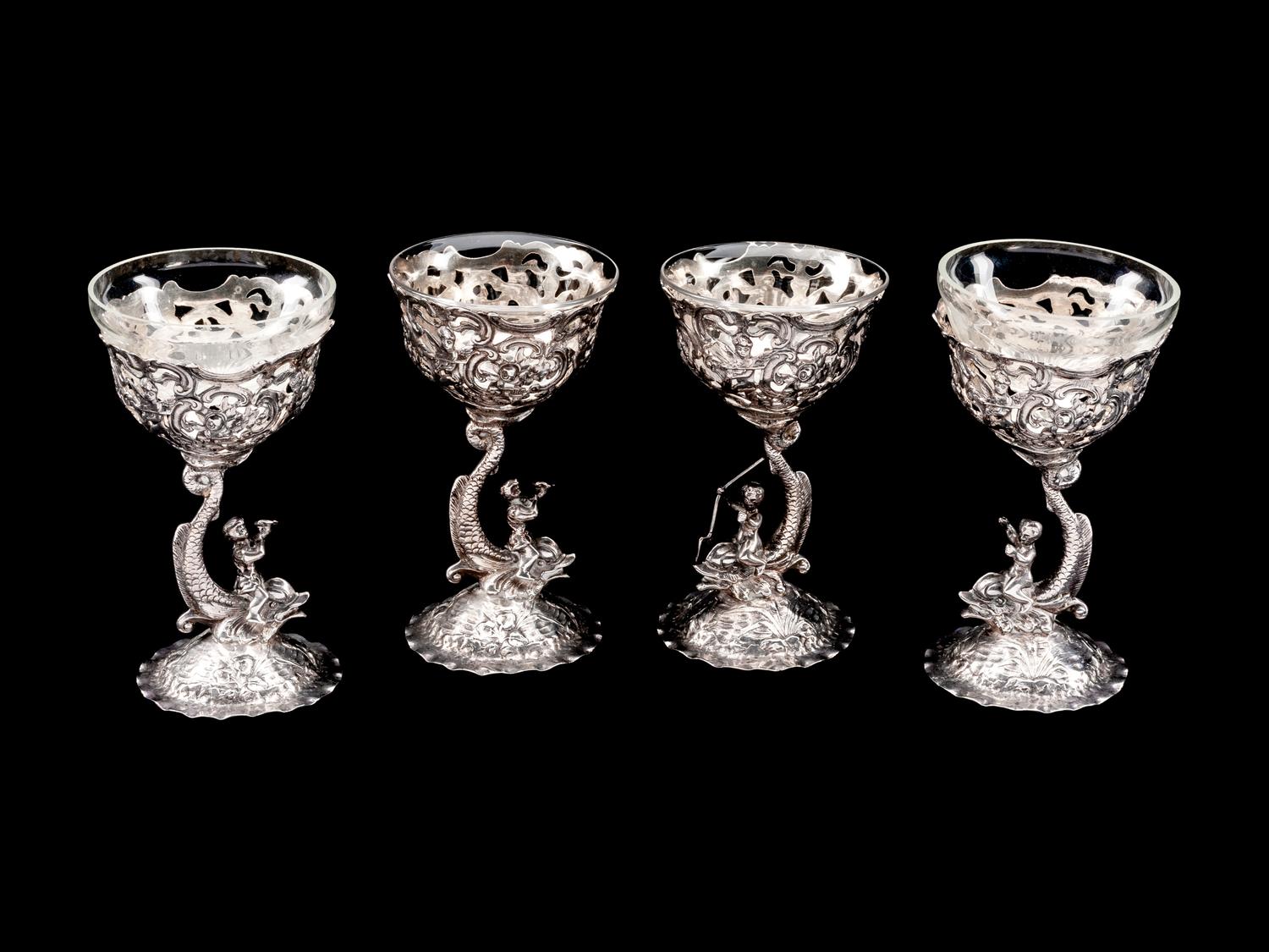 A Set of Four German Silver Goblets with Glass Liners