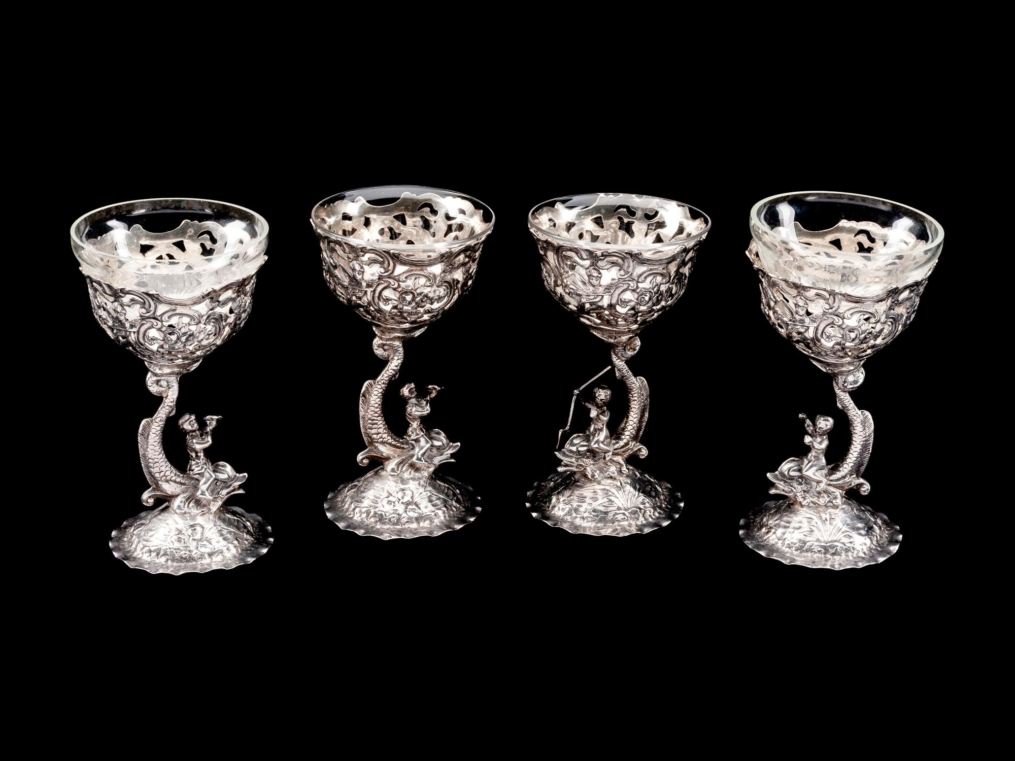 A Set of Four German Silver Goblets with Glass Liners