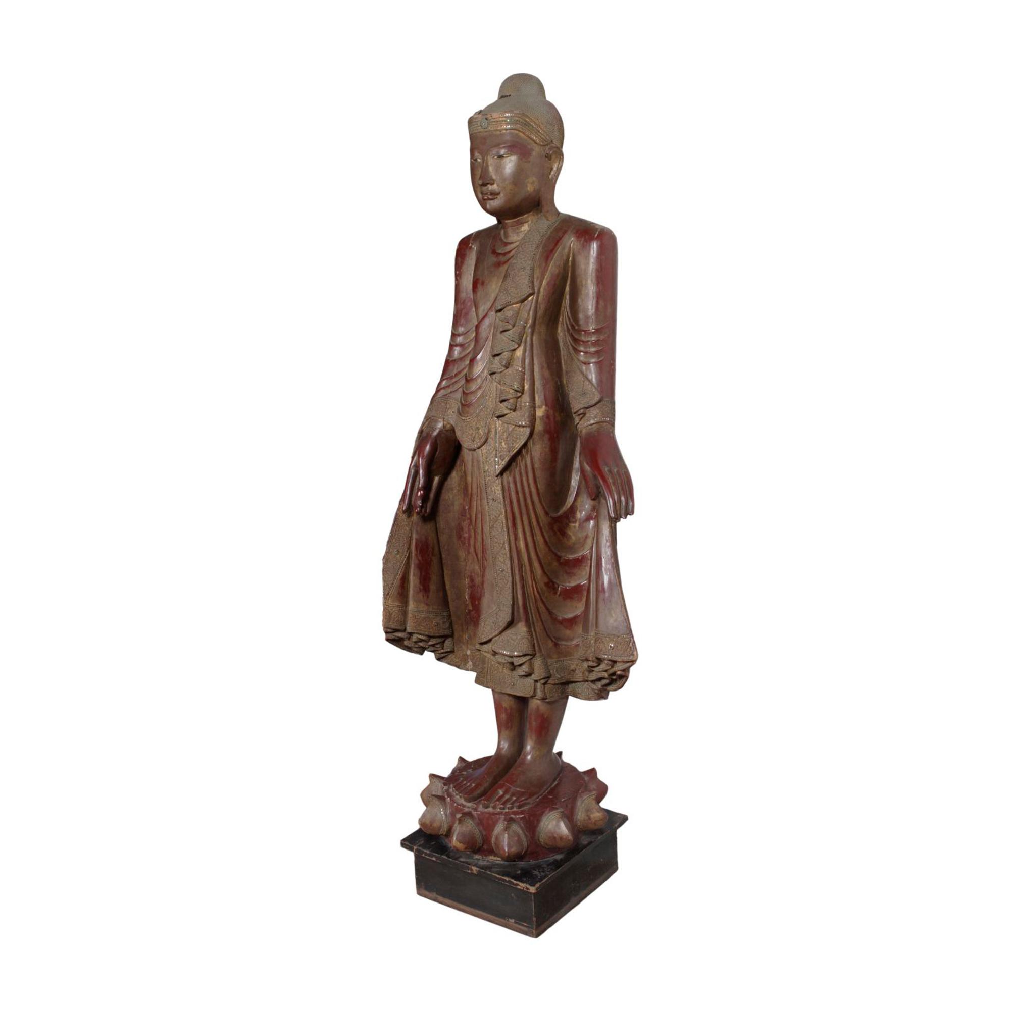 A Carved Wood Buddha with Faux Jewels 33" W x 18" D x 87" H — Myanmar, 19th Century