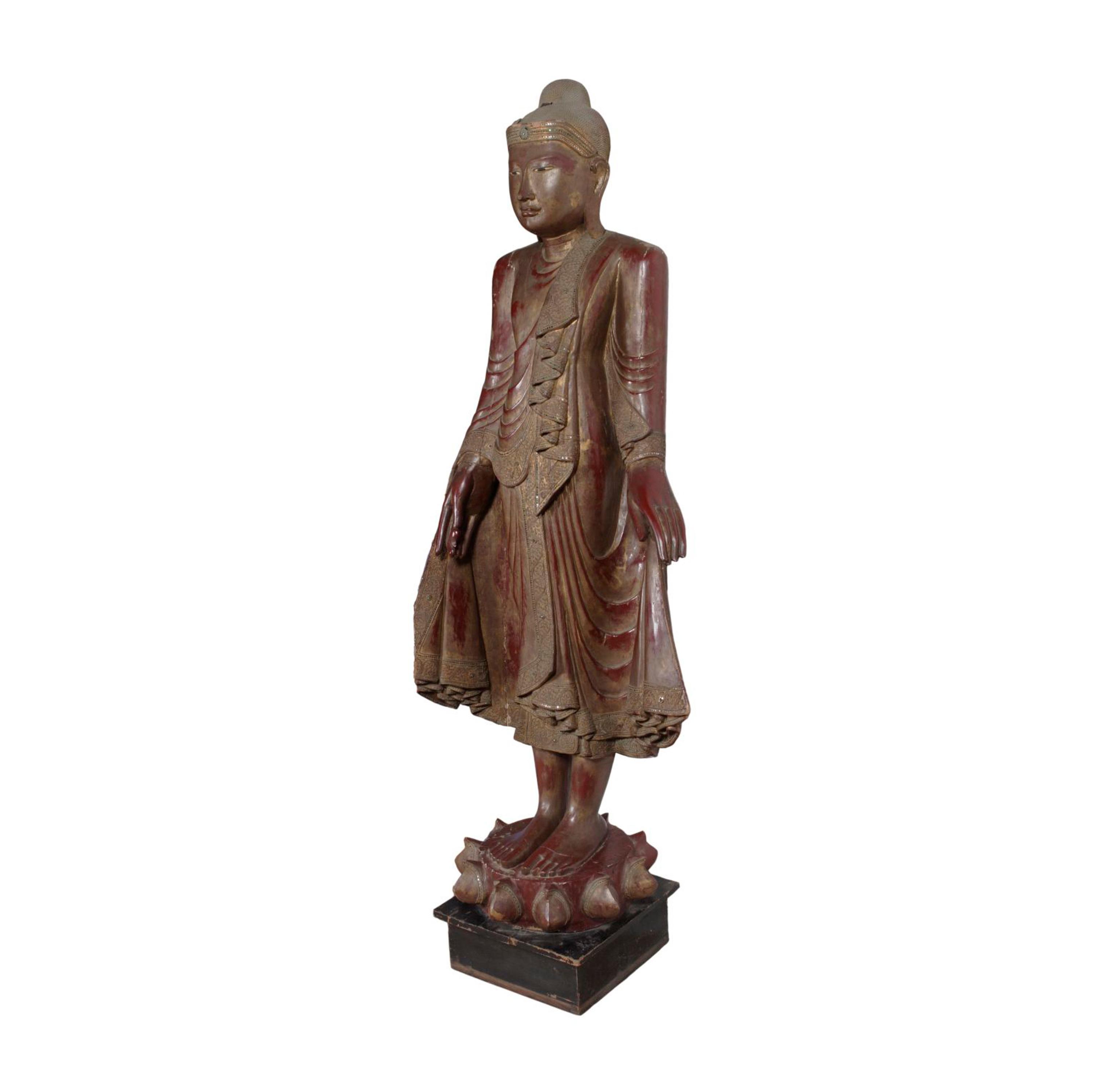 A Carved Wood Buddha with Faux Jewels 33" W x 18" D x 87" H — Myanmar, 19th Century