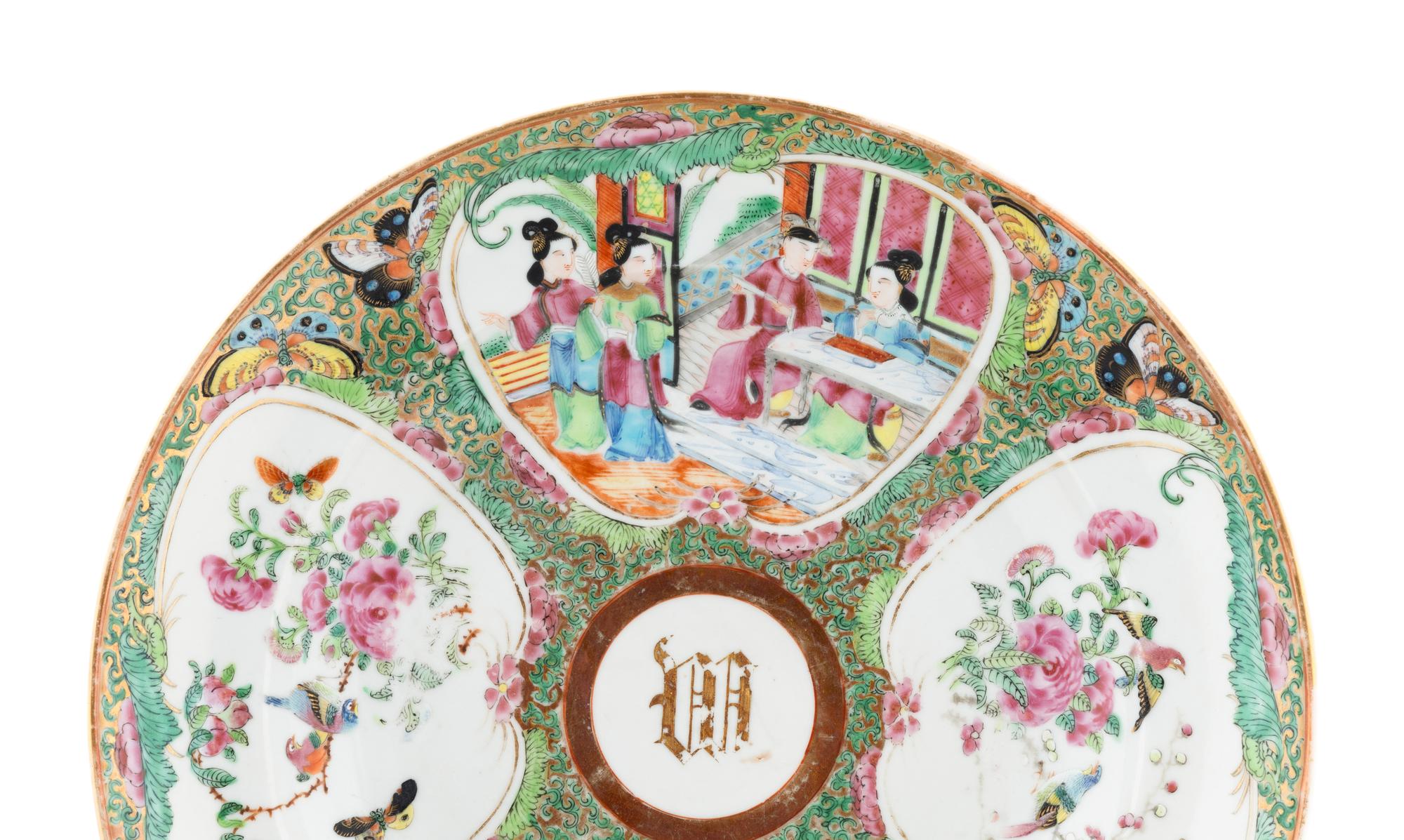 A Collection of Eight Chinese Export Armorial Porcelain Plates and a Pair of Monogrammed Rose Medallion Plates