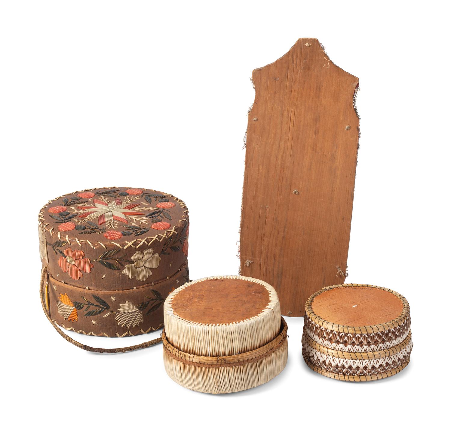 Great Lakes Quilled Birchbark Baskets and Wall Pocket