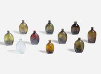 A collection of ten mold-blown colored glass flasks, various makers, 19th century