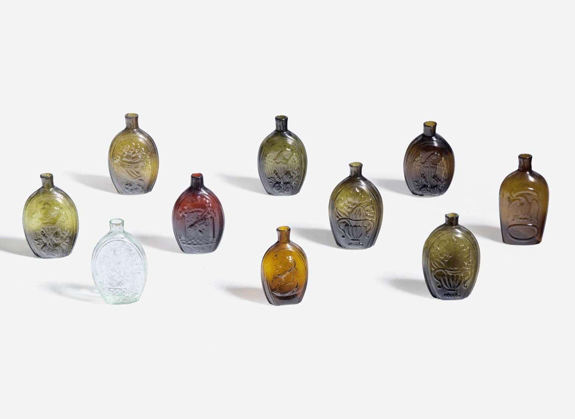 A collection of ten mold-blown colored glass flasks, various makers, 19th century