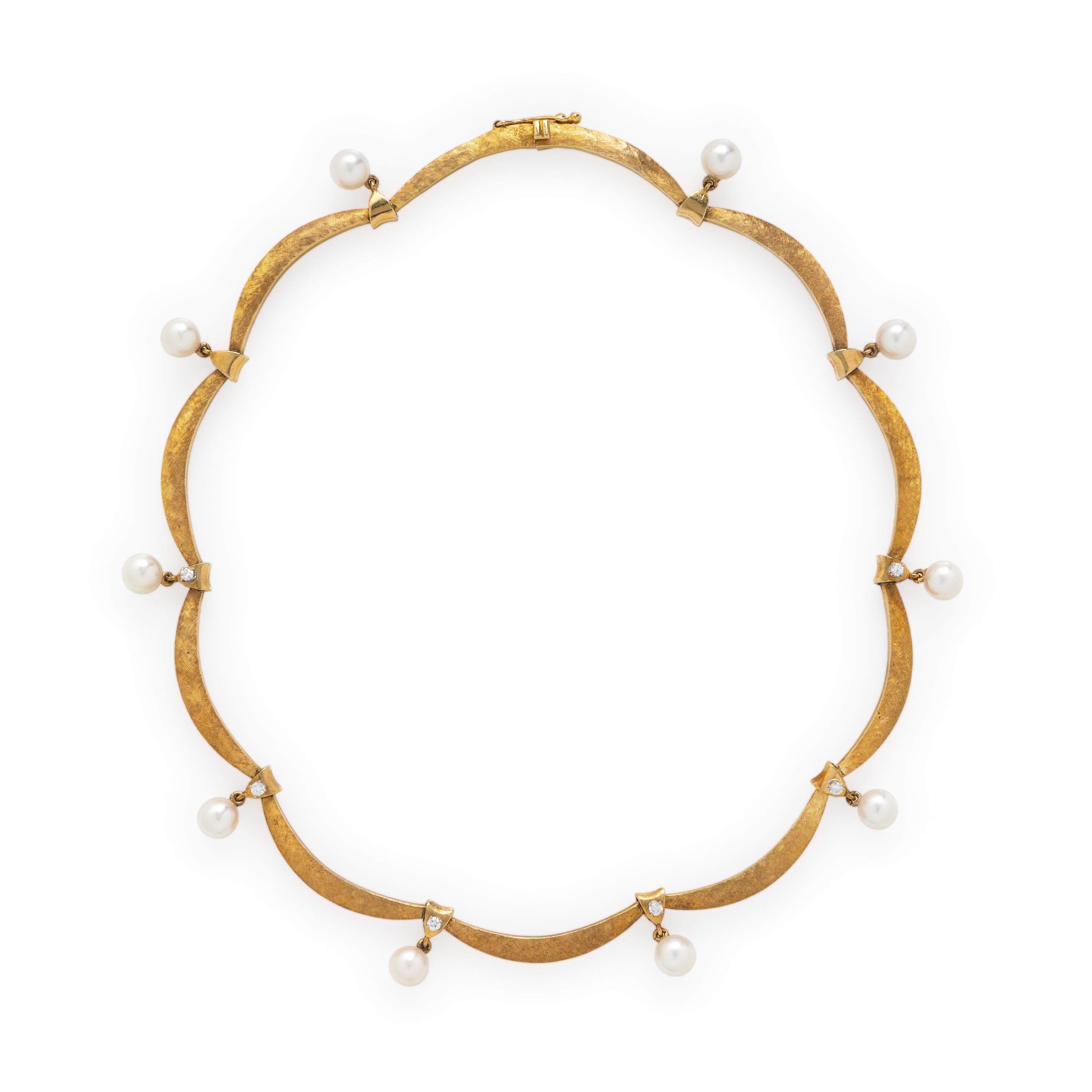 Yellow Gold, Diamond, and Cultured Pearl Necklace
