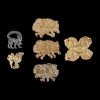 Six Gold, Silver, and Gilt Bronze Animal-Form Eurasian Steppe Ornaments — 歐亞草原金銀動物形飾片六枚