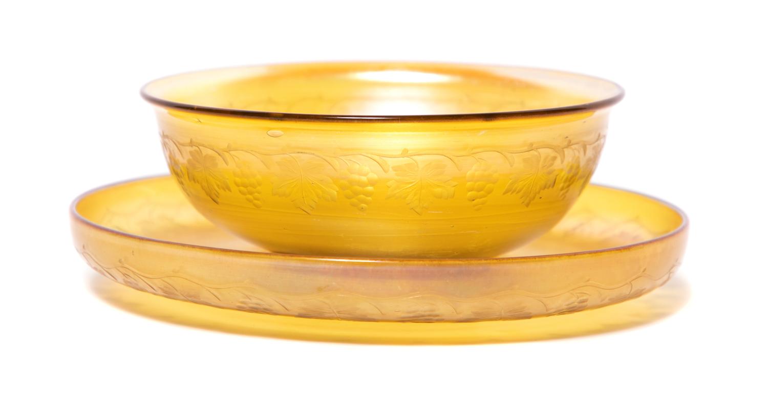 Tiffany Favrile Fingerbowl and Stand Diameter of bowl 4 3/4, diameter of stand 6 inches.