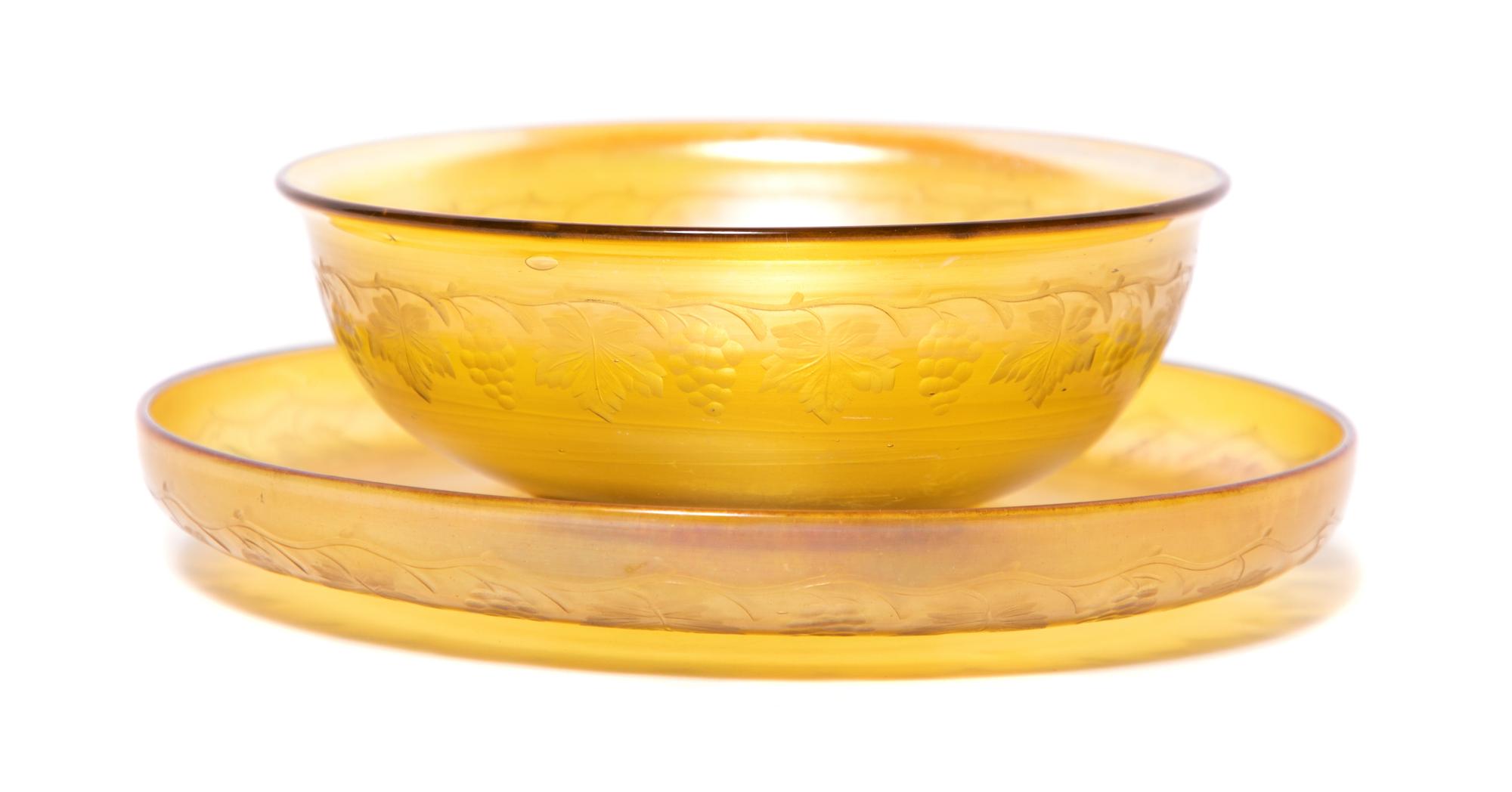 Tiffany Favrile Fingerbowl and Stand Diameter of bowl 4 3/4, diameter of stand 6 inches.