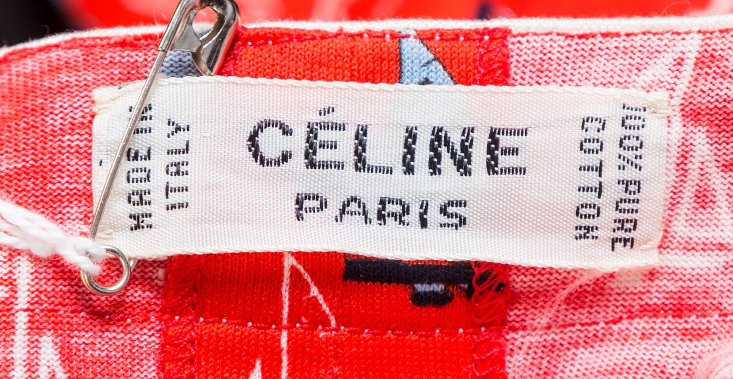 A Celine Red Cotton Sailboat Dress, Size 40; Self tie: 74" x 2.25".