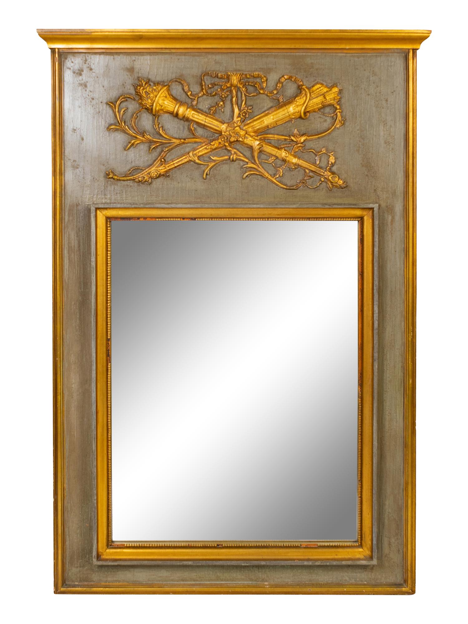 A Louis XVI Style Painted and Parcel Gilt Trumeau Mirror