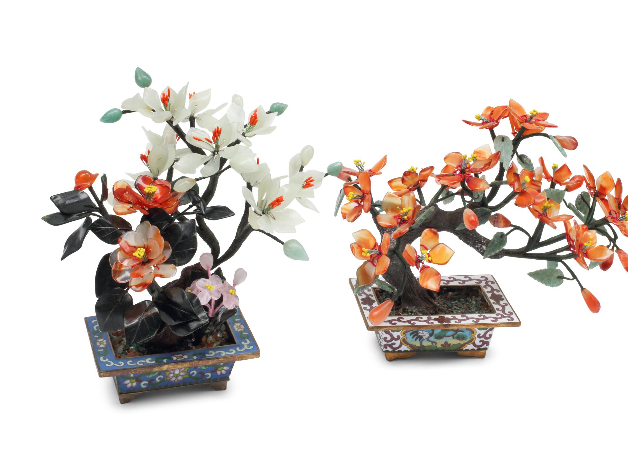 Five Pairs of Chinese Hardstone Models of Trees with Cloisonné Bases
