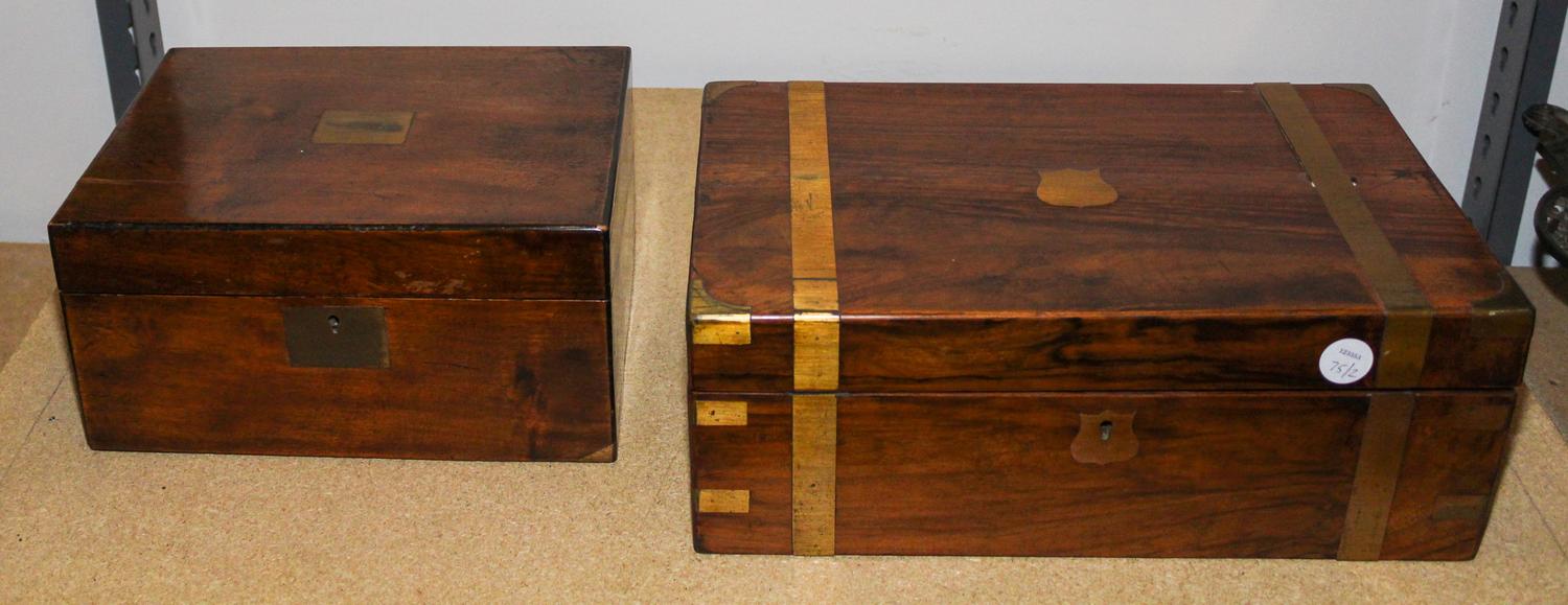 Two English Brass Mounted Mahogany Writing Slopes Height of larger 6 x width 15 3/4 x depth 9 5/8 inches.