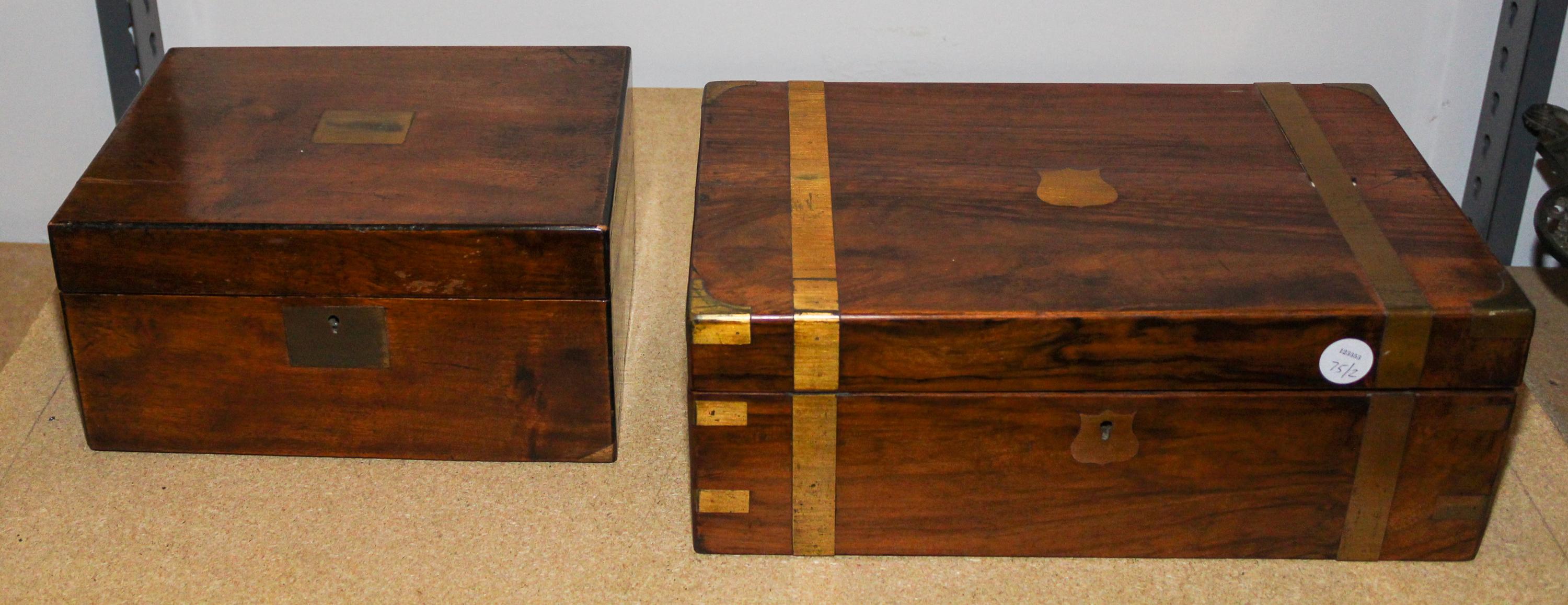 Two English Brass Mounted Mahogany Writing Slopes Height of larger 6 x width 15 3/4 x depth 9 5/8 inches.