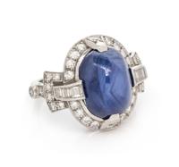 An Art Deco Platinum, Sapphire and Diamond Ring, 5.80 dwts.