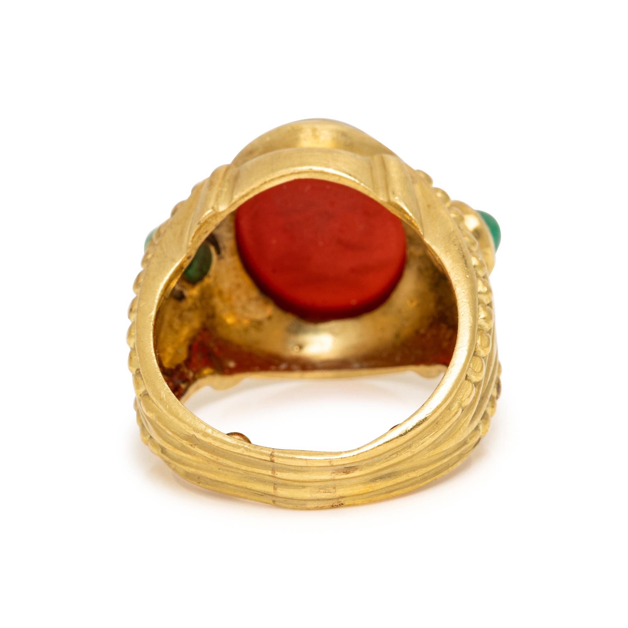 JUDITH RIPKA, YELLOW GOLD, CARNELIAN AND EMERALD INTAGLIO RING