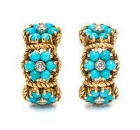 A Pair of 18 Karat Yellow Gold, Turquoise and Diamond Flower Motif Earclips, 14.00 dwts.