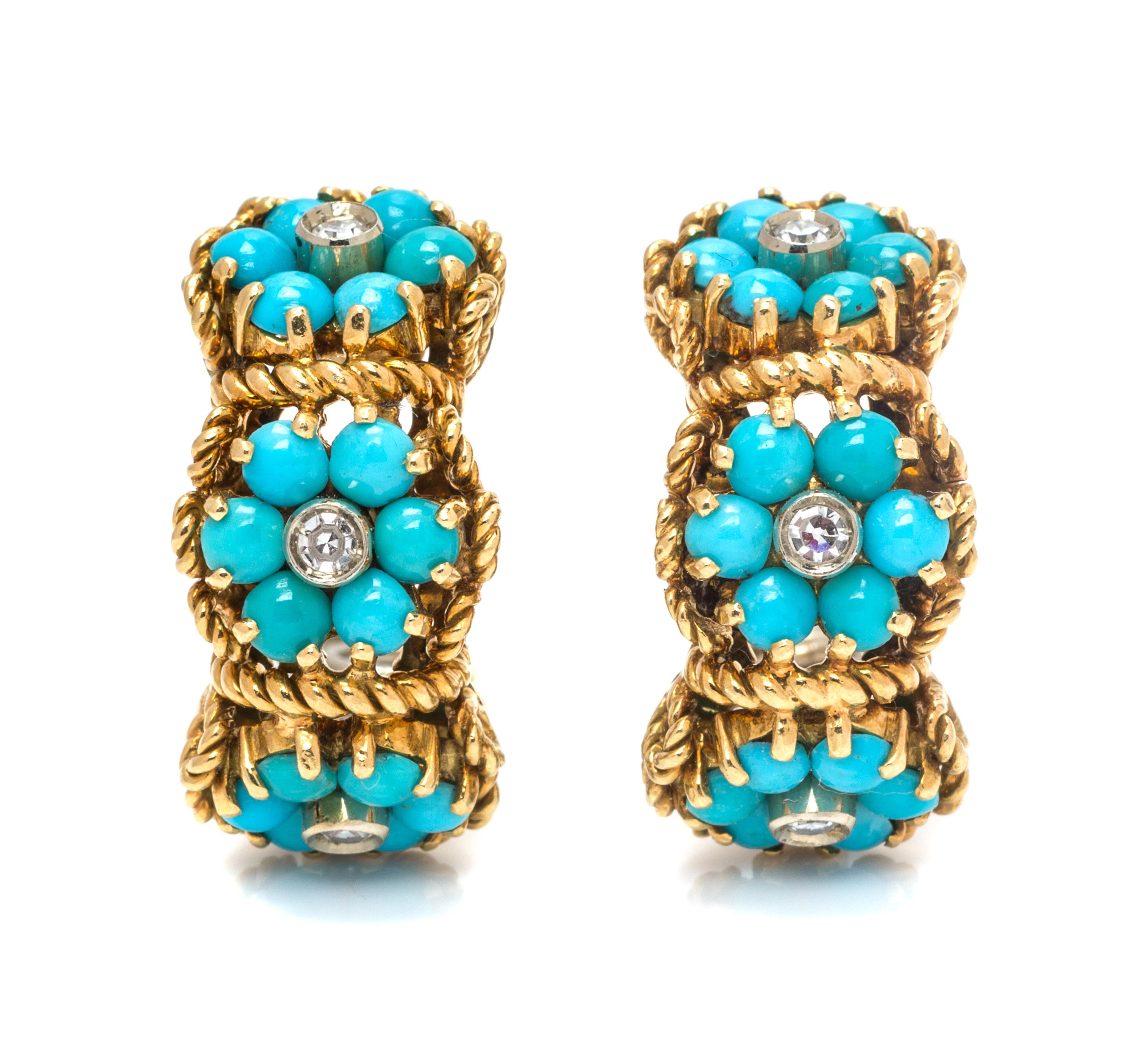 A Pair of 18 Karat Yellow Gold, Turquoise and Diamond Flower Motif Earclips, 14.00 dwts.