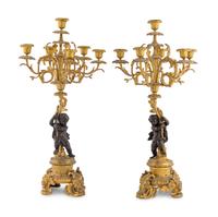 A Pair of French Gilt and Patinated Bronze Six-Light Candelabra