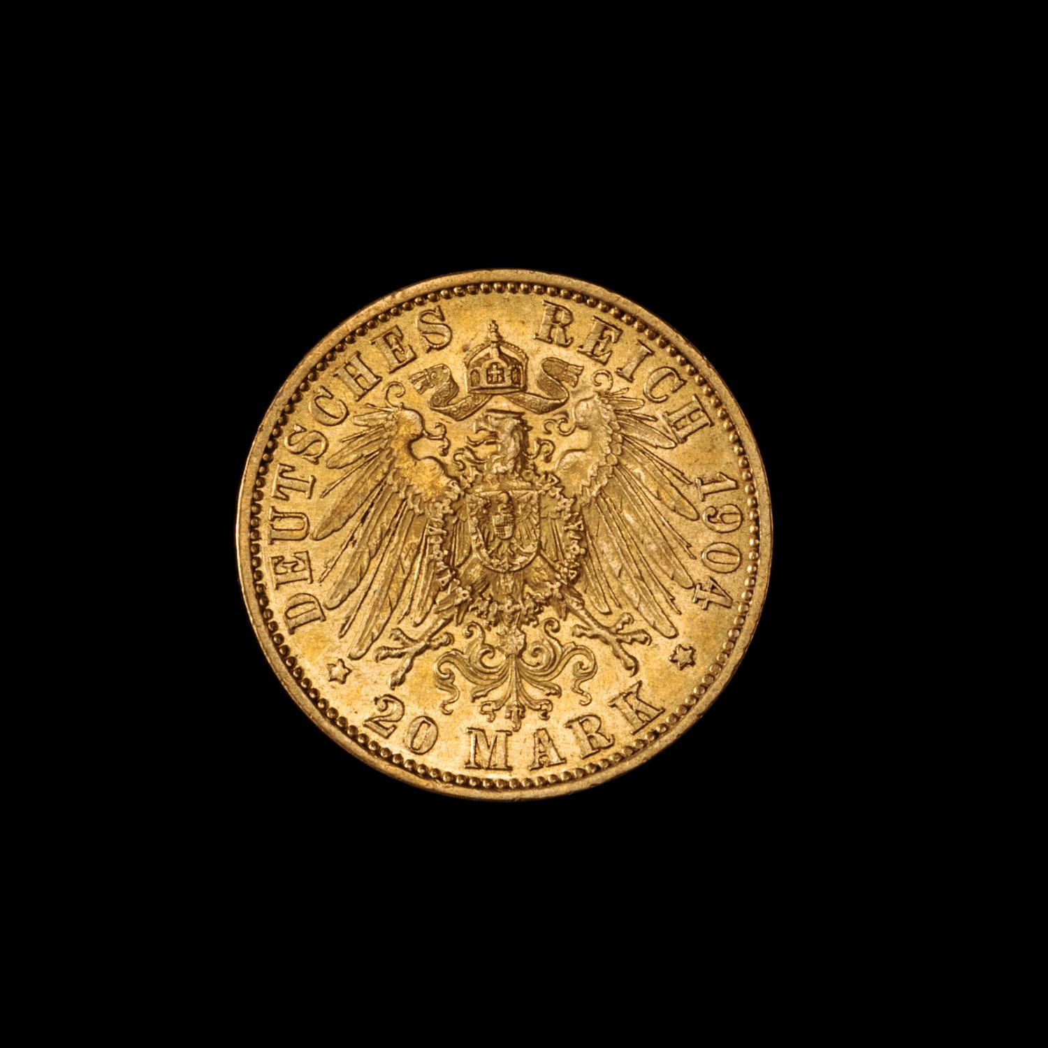 A German States: Prussia 1904-A Kaiser Wilkelm II 20 Mark Gold Coin