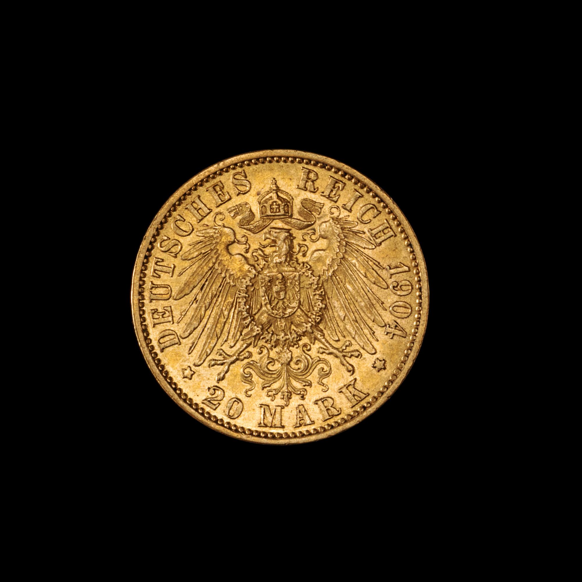 A German States: Prussia 1904-A Kaiser Wilkelm II 20 Mark Gold Coin