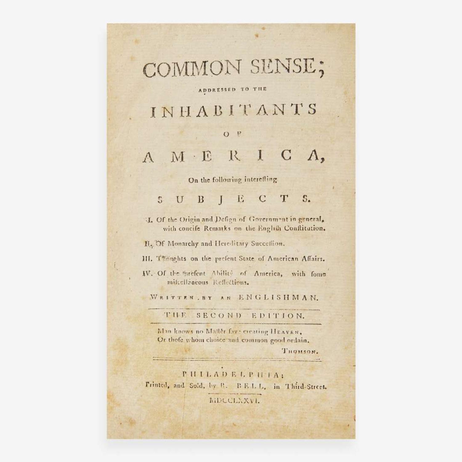 [Americana] (Paine, Thomas, et al.) Common Sense; Addressed to the Inhabitants of America…