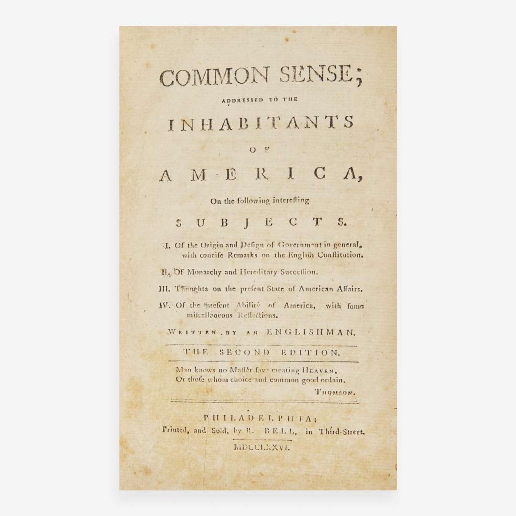 [Americana] (Paine, Thomas, et al.) Common Sense; Addressed to the Inhabitants of America…