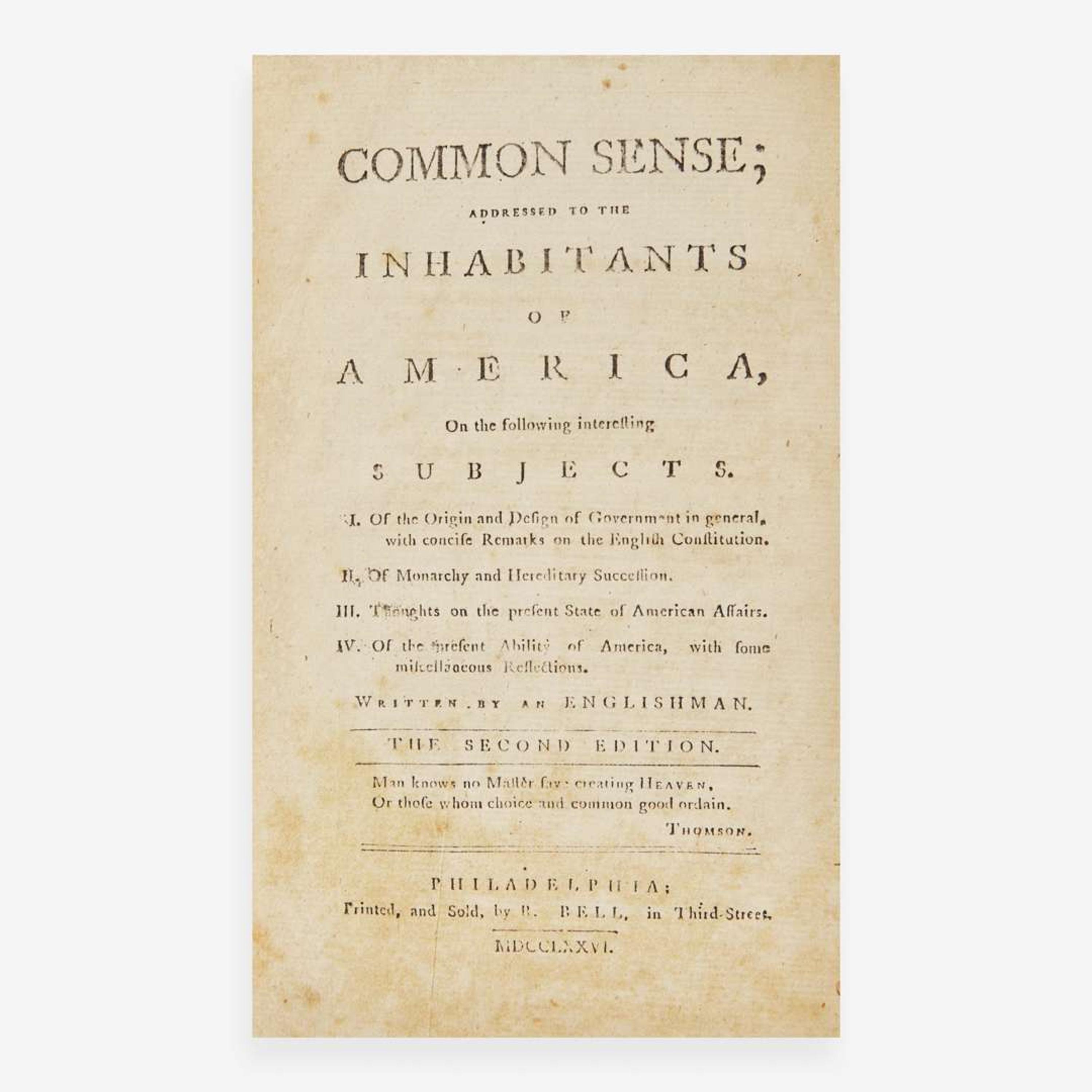 [Americana] (Paine, Thomas, et al.) Common Sense; Addressed to the Inhabitants of America…