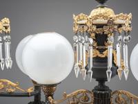 A Pair of Classical Gilt and Patinated Bronze Two-Light Argand Lamps with Shades