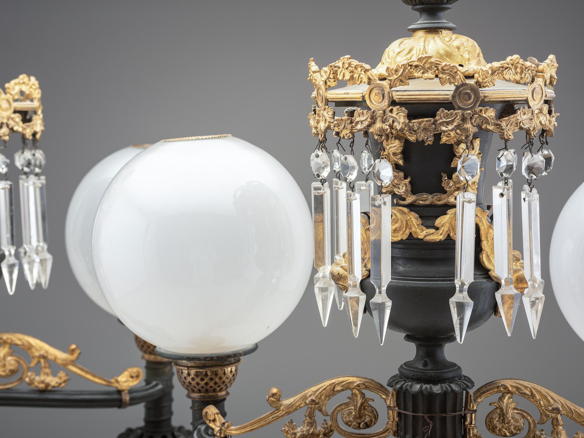 A Pair of Classical Gilt and Patinated Bronze Two-Light Argand Lamps with Shades