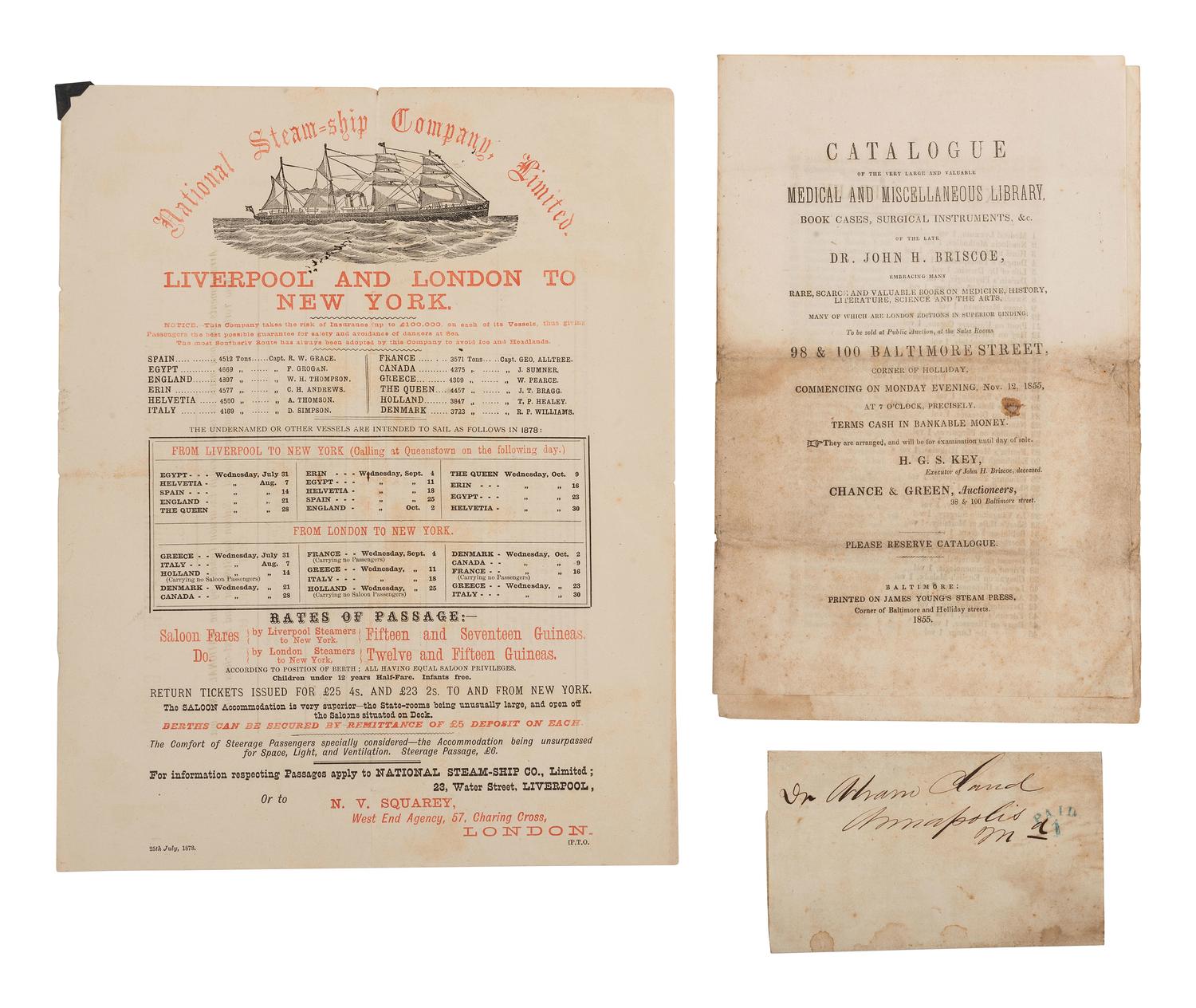 [EARLY IMPRINTS] National Steam-ship Co. Limited broadside. [ With: ] Medical library auction catalog.