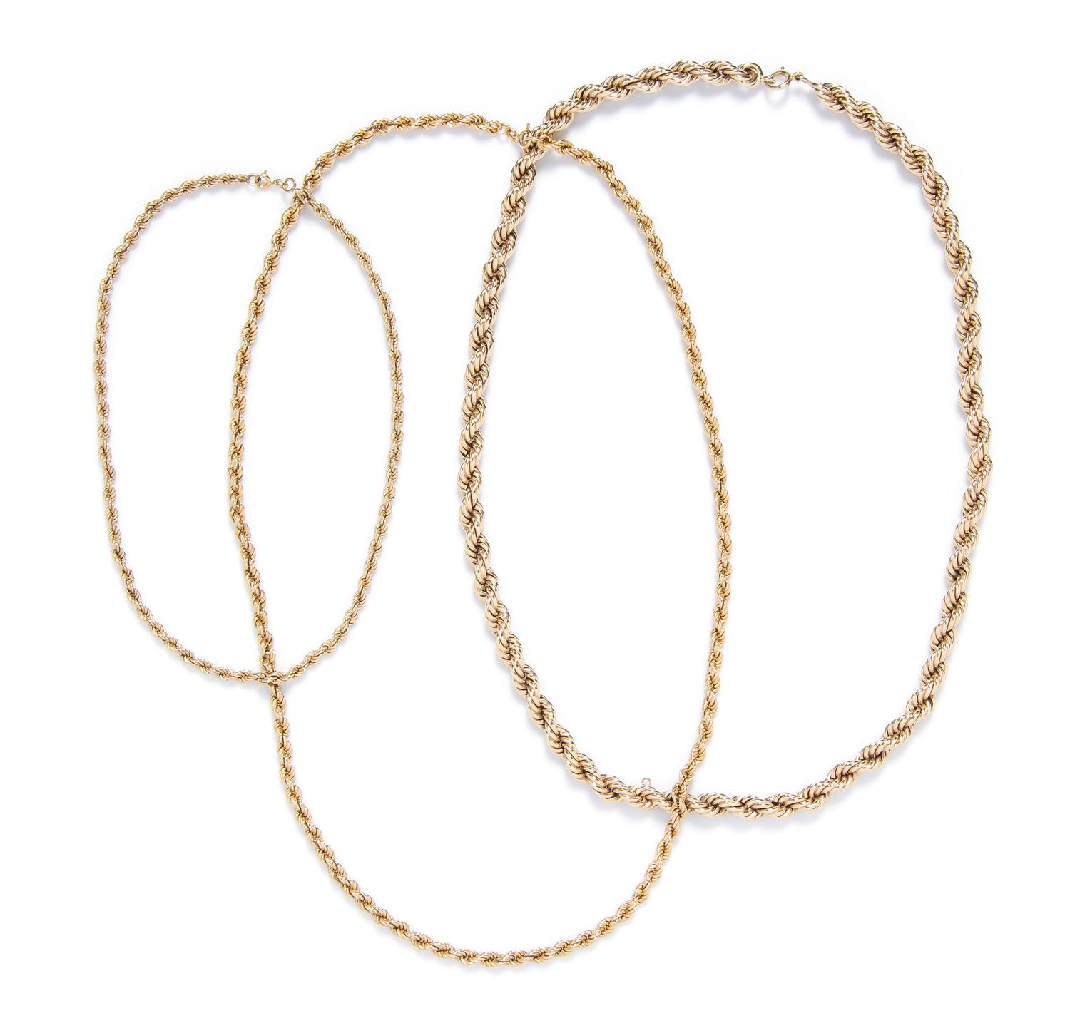 A Collection of Yellow Gold Rope Chain Necklaces, 46.90 dwts.