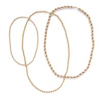 A Collection of Yellow Gold Rope Chain Necklaces, 46.90 dwts.