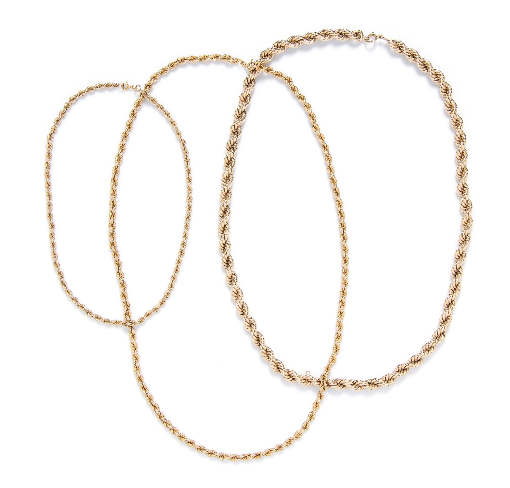 A Collection of Yellow Gold Rope Chain Necklaces, 46.90 dwts.