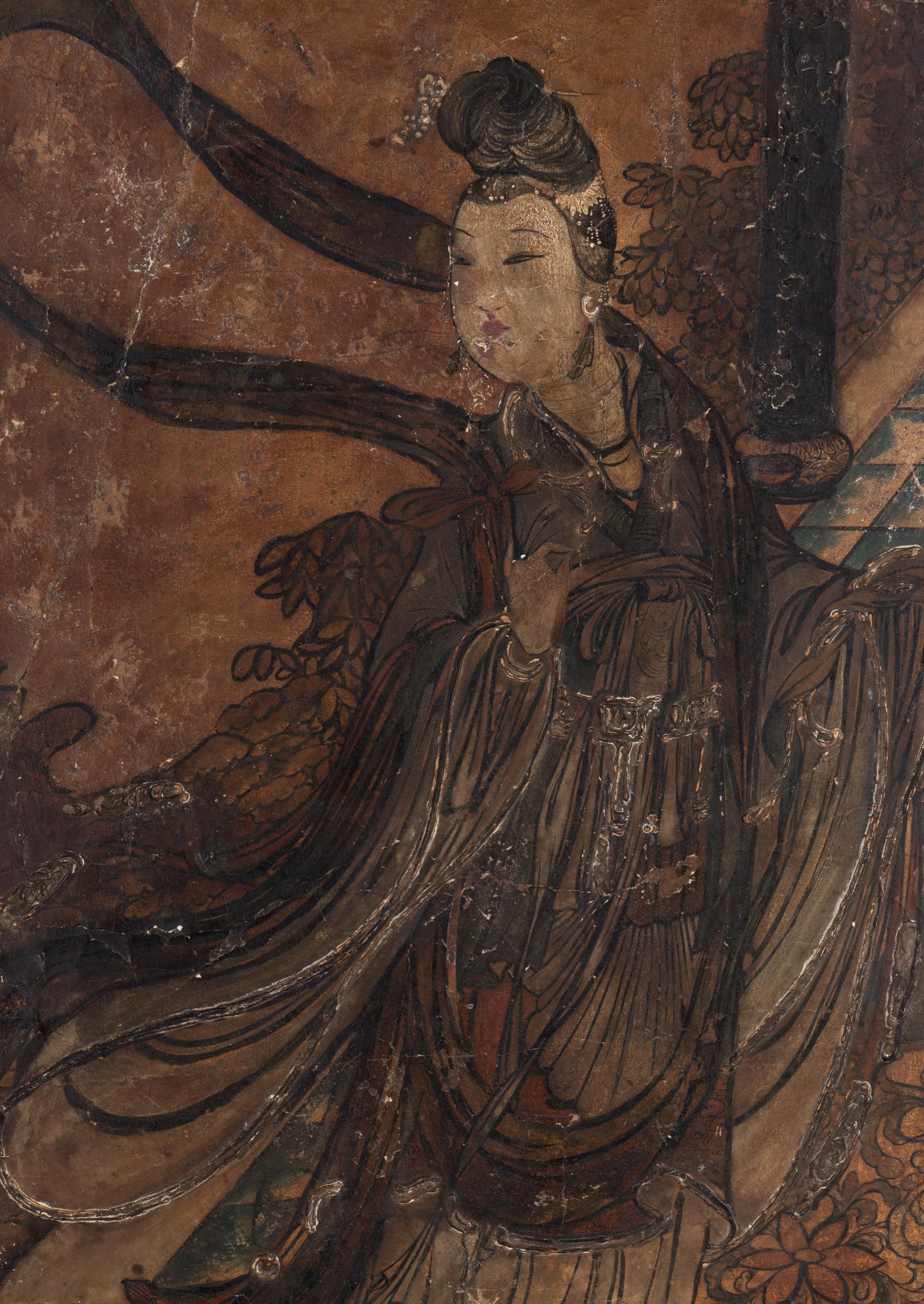 A Chinese Polychrome and Gilt Decorated Fragment of a Taoist Stucco Fresco, Yuan/Ming Dynasty 元/明 瀝粉貼金彩繪仕女圖壁畫