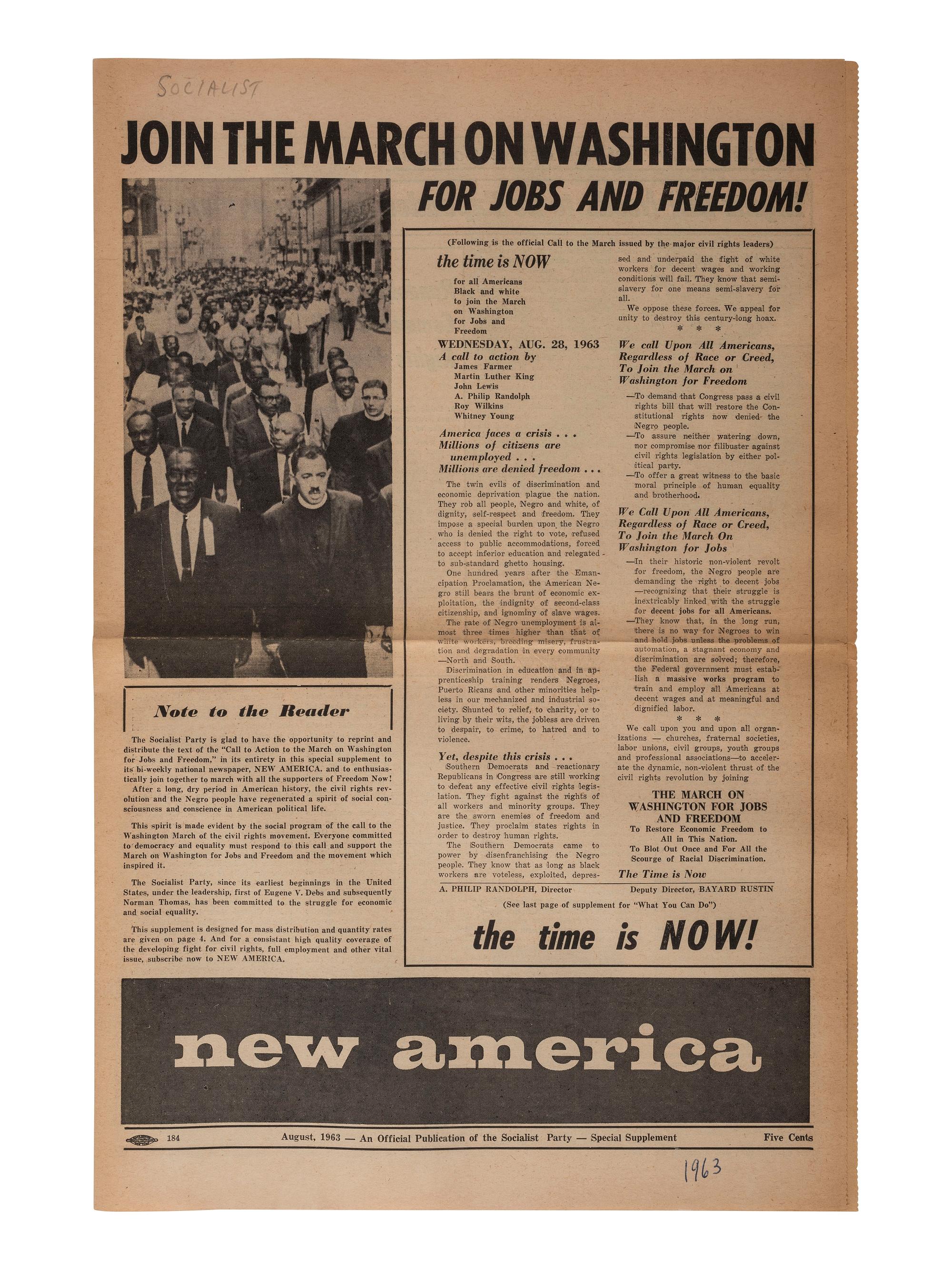 [AFRICAN AMERICANA - CIVIL RIGHTS]. Join the March on Washington for Jobs and Freedom! New York: Socialist Party, August 1963. Special Supplement, New America .