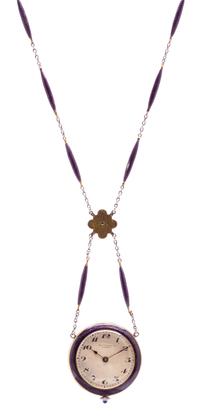 An Edwardian 18 Karat Yellow Gold, Platinum, Diamond and Enamel Pendant Watch Necklace, Hass Neveux & Co., 16.40 dwts.