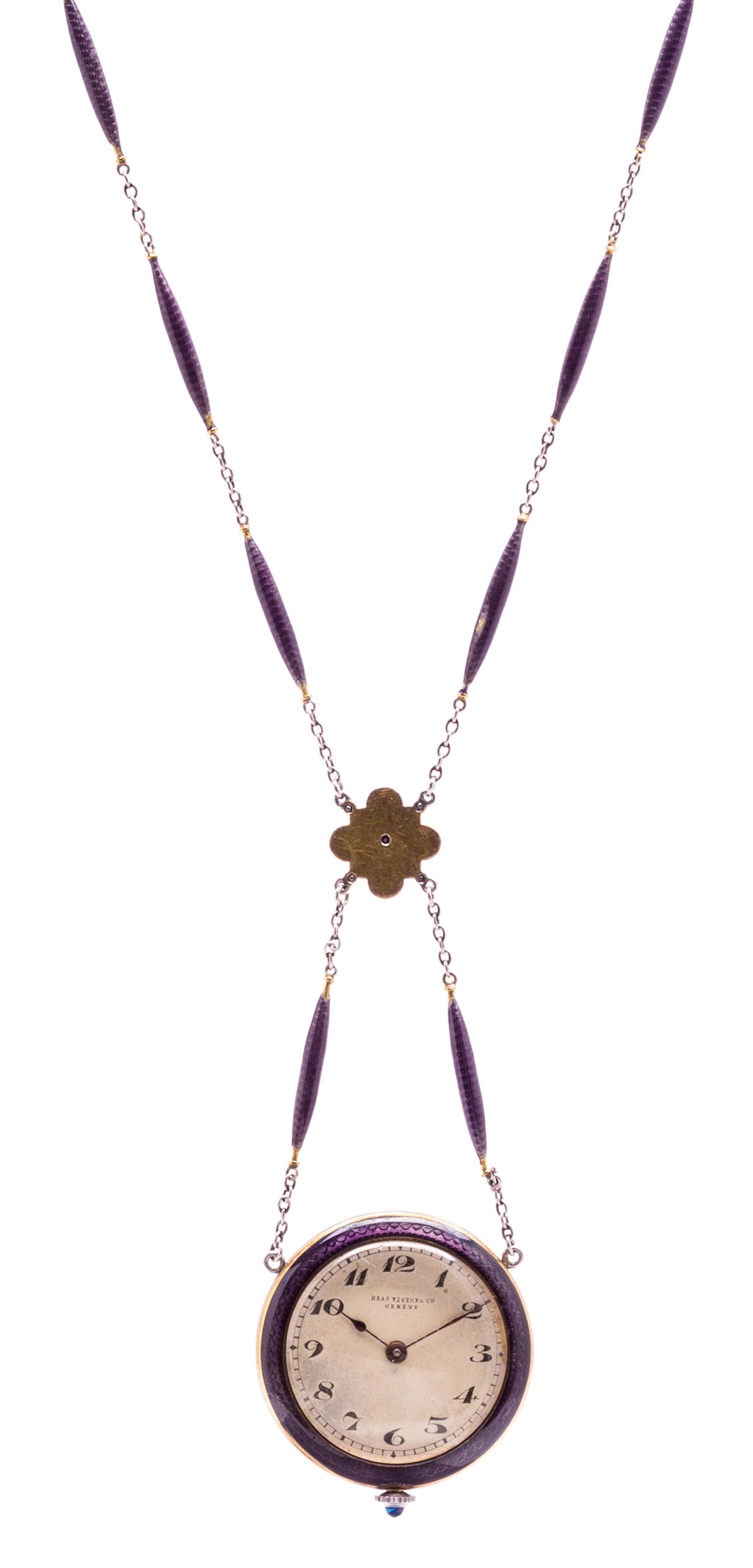 An Edwardian 18 Karat Yellow Gold, Platinum, Diamond and Enamel Pendant Watch Necklace, Hass Neveux & Co., 16.40 dwts.