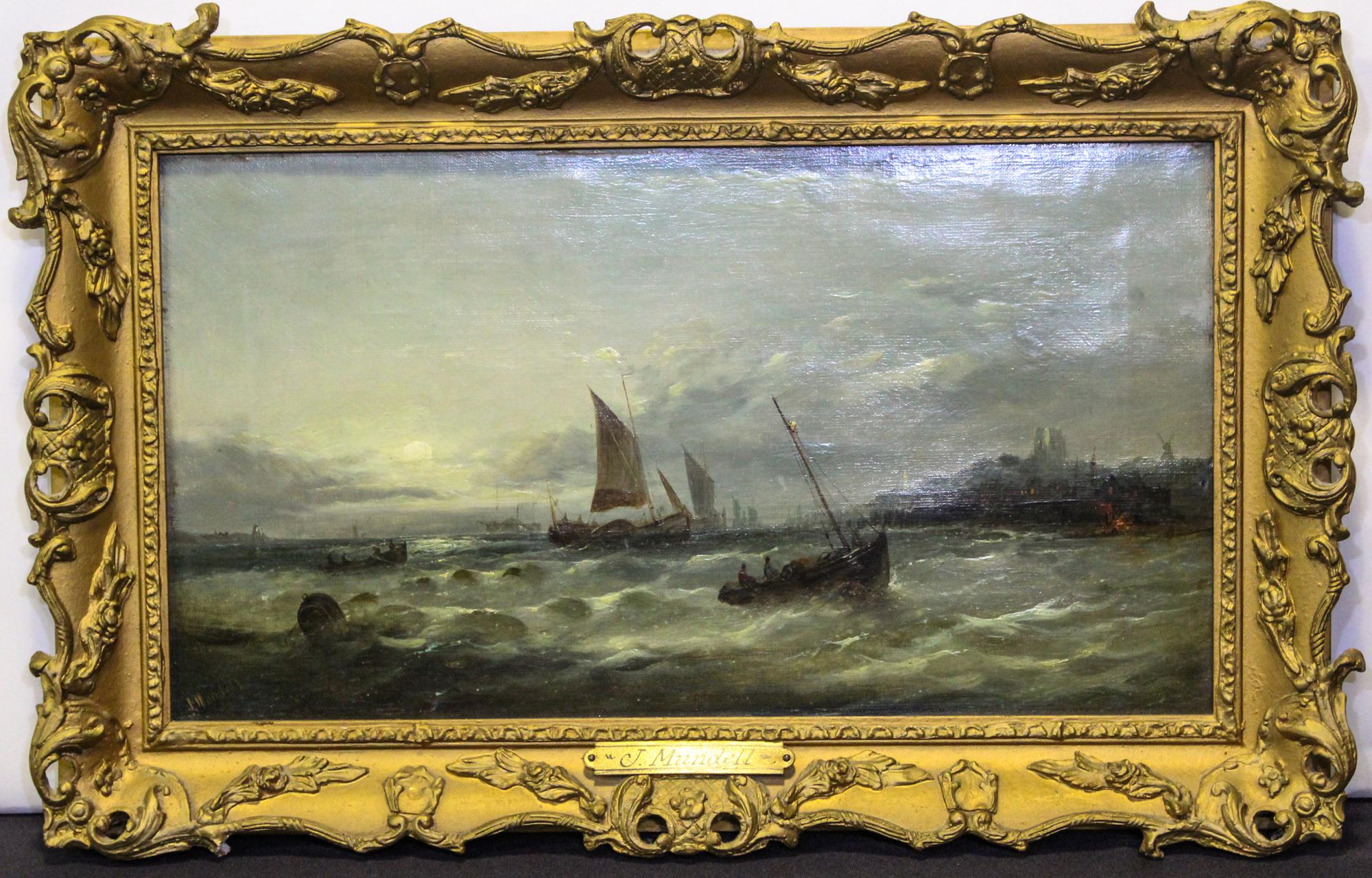 John Mundell, (British, 1818-1875), Stormy Scene with Three Boats