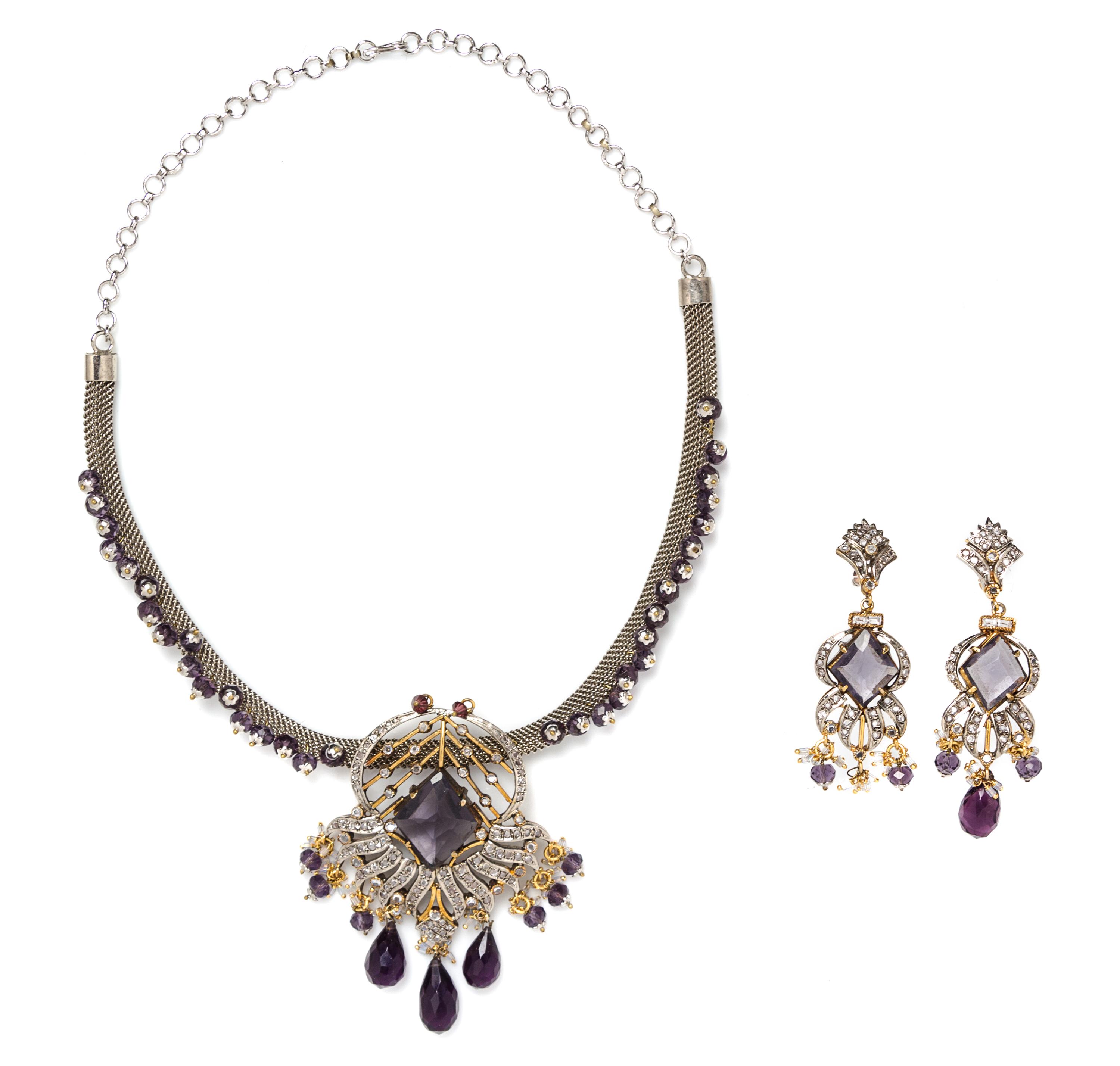 A Silver Mesh Pendant Choker with Earrings, Necklace 17.5" x 3", earrings 2.5" x 1".