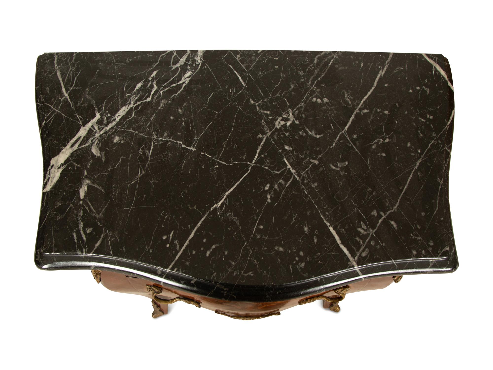 Two French Marble Top Gilt Metal Mounted Side Cabinets