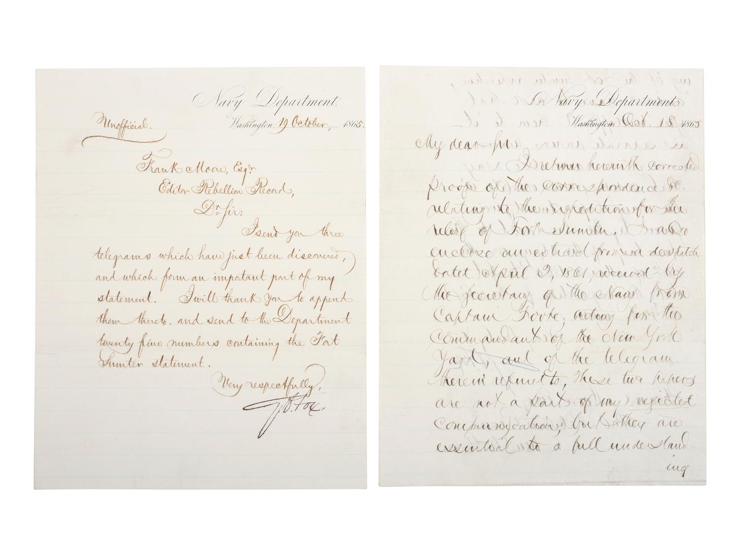 WELLES, Gideon (1802-1878). Letters and document associated with Welles, and other naval commanders.