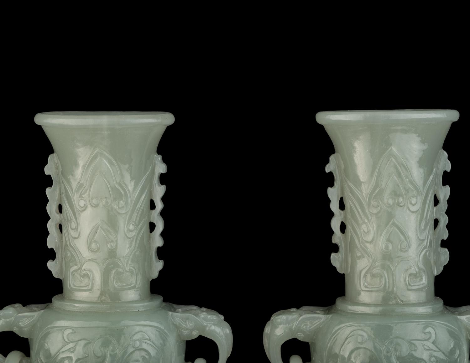 A Pair of Chinese Nephrite Double-Handle Vases